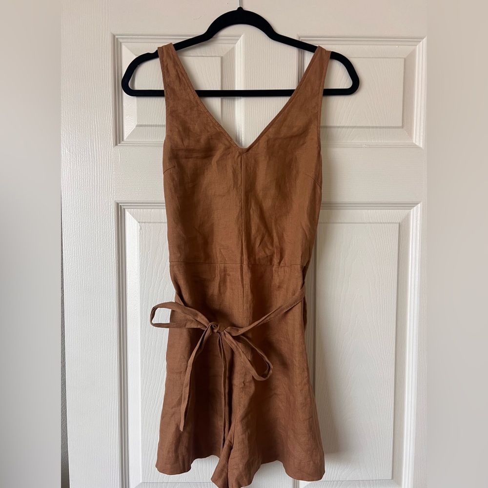 Elegant Brown V-Neck Romper with Waist Tie